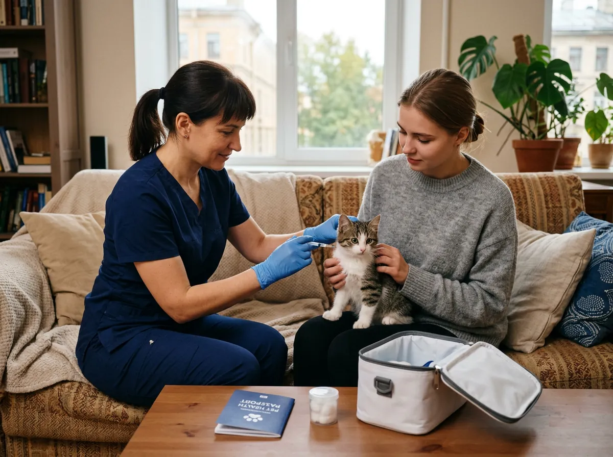 Ветеринарный врач прививает котёнка дома, котёнок на пледе
